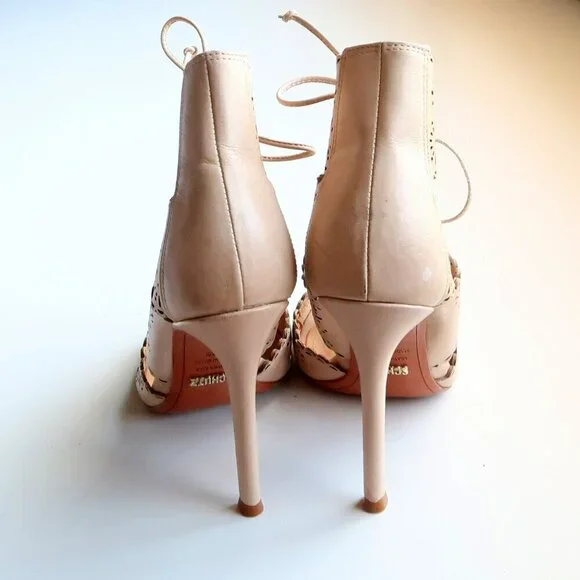 Schutz Tan Perforated Leather Heels Lace-up Peep Toe Summer Shoes Size 6.5 - Picture 6 of 16